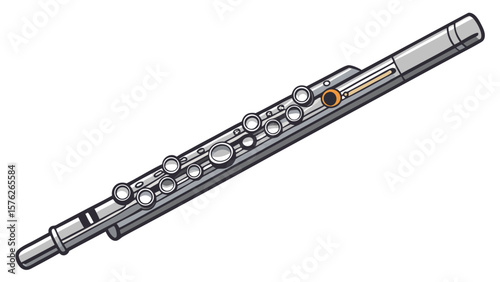 A silver flute with a black dot on the top. The flute is long and thin