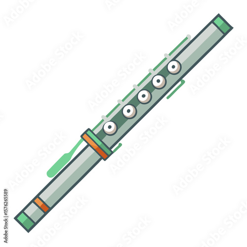 A silver flute with a black dot on the top. The flute is long and thin
