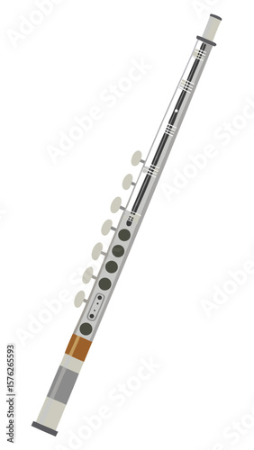 A silver flute with a black dot on the top. The flute is long and thin