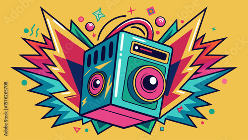 A colorful box with a radio inside. The box is in the middle of a colorful explosion. The explosion is made up of different colors and shapes. The radio is the main focus of the image