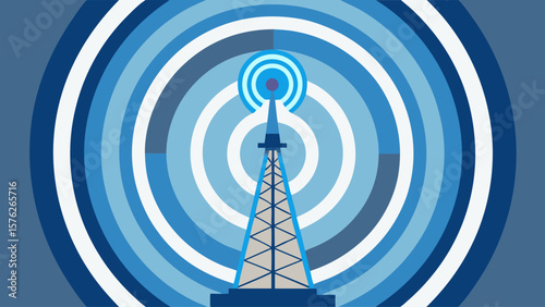 A tower with a radio antenna on top is surrounded by a blue circle. The tower is the main focus of the image, and the blue circle emphasizes its importance. Concept of technology and communication