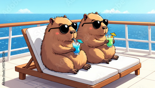 Capybara couple, husband and wife, relaxing peacefully on the deck of a cruise ship under the warm sun..