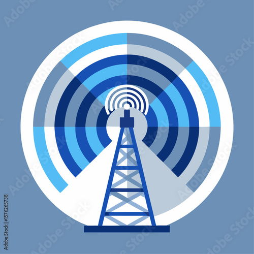 A tower with a radio antenna on top is surrounded by a blue circle. The tower is the main focus of the image, and the blue circle emphasizes its importance. Concept of technology and communication
