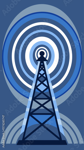 A tower with a radio antenna on top is surrounded by a blue circle. The tower is the main focus of the image, and the blue circle emphasizes its importance. Concept of technology and communication