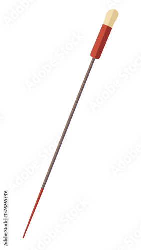 A wooden stick with a purple handle. The stick is long and thin. It is not a real stick, but it looks like one