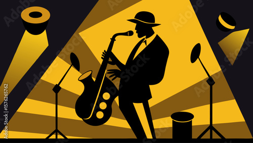 A man playing a saxophone in a jazz band. The image is a silhouette of a man playing a saxophone with a microphone. The background features a microphone stand and a couple of other microphones