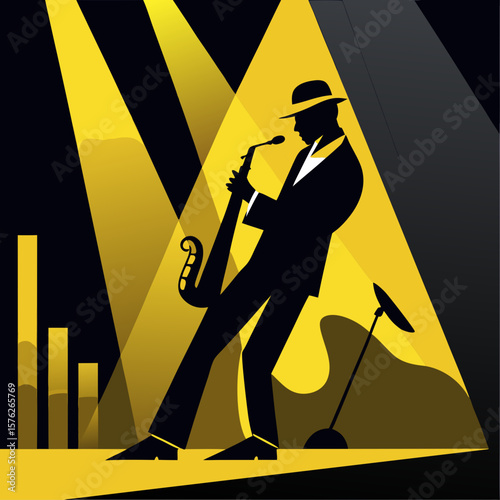 A man playing a saxophone in a jazz band. The image is a silhouette of a man playing a saxophone with a microphone. The background features a microphone stand and a couple of other microphones