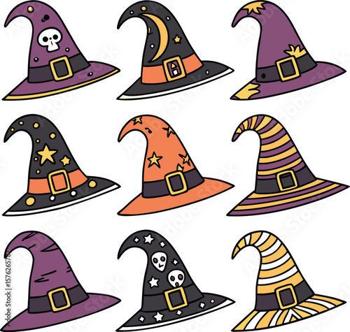 Cartoon witch, sorceress or enchantress and charmer Halloween hats, vector icons. Magician wizard or warlock sorcerer and mage Halloween magic hats and caps with skull and spiderweb or golden stars