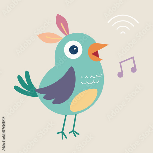 A colorful bird is singing and the music is coming from a wireless device. The bird is standing on a white background