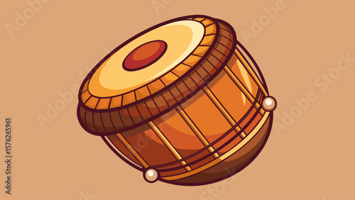 A cartoon drawing of a drum with a red dot on it. The drum is brown and has a wooden frame