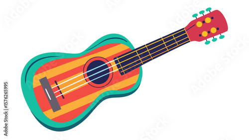 A colorful guitar with a blue stripe on it. The guitar is sitting on a white background. The guitar is a bright and cheerful object that is likely meant to evoke a sense of happiness and positivity