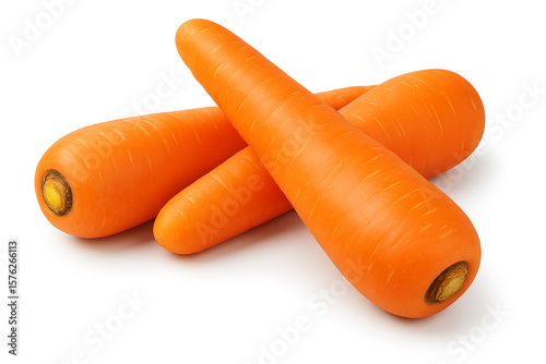 Three fresh orange carrots arranged together isolated on white background