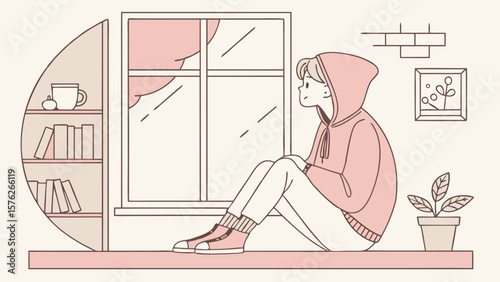 Young person in a pink hoodie looking out the window isolated on white background