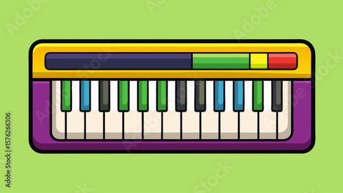 A colorful keyboard with a pencil sticking out of it. The keyboard is red, green, and yellow