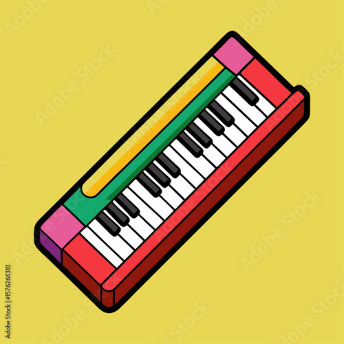 A colorful keyboard with a pencil sticking out of it. The keyboard is red, green, and yellow
