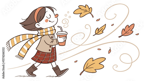 Cute cartoon girl walking with coffee cup and falling leaves isolated on white background