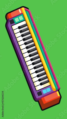 A colorful keyboard with a pencil sticking out of it. The keyboard is red, green, and yellow