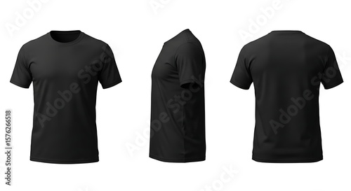 A black shortsleeved tshirt displayed from front, side, and back views on white