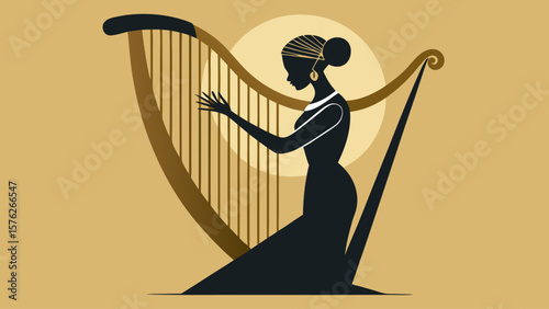 A woman playing a harp. The harp is a large instrument with a long neck and strings. The image has a calm and peaceful mood