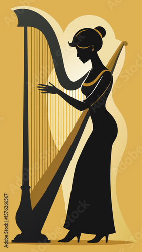 A woman playing a harp. The harp is a large instrument with a long neck and strings. The image has a calm and peaceful mood