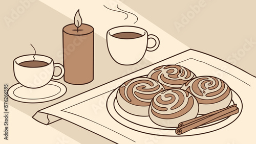 Cozy morning with coffee cinnamon rolls and a candle isolated on white background