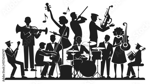 A group of musicians are playing instruments and one of them is holding a microphone. The musicians are dressed in formal attire and are playing a variety of instruments including violins, cellos