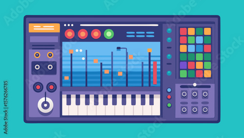 A colorful electronic keyboard with a blue background. The keyboard has a lot of buttons and a lot of knobs