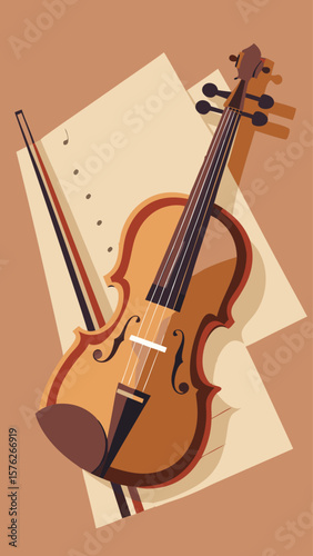 A violin and its bow are shown on a sheet of paper. The violin is brown and the bow is black. Concept of elegance and sophistication