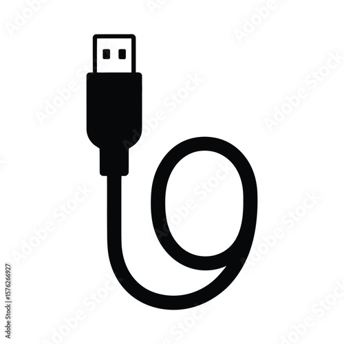 Black usb cable silhouette with a loop isolated on white background