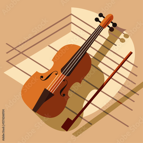 A violin and its bow are shown on a sheet of paper. The violin is brown and the bow is black. Concept of elegance and sophistication