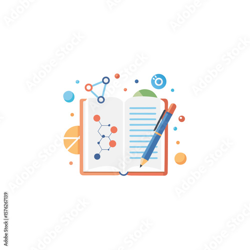 scientific notebook open with pen and symbols