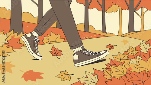 Person walking through autumn leaves in a park isolated on white background