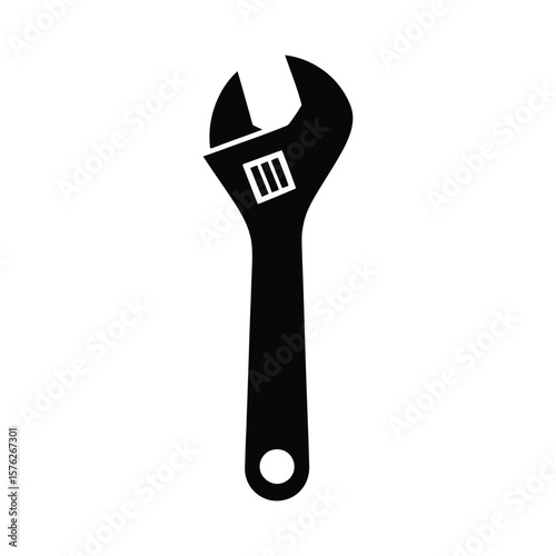 Black silhouette of an adjustable wrench isolated on white background