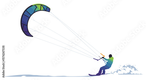 Snow kiting with colorful kite in winter