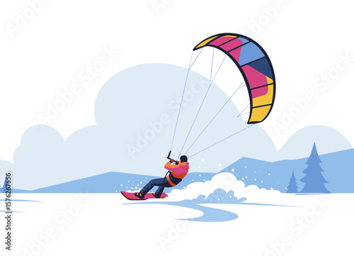 Snow kitesurfer riding on snowy landscape under cloudy sky. Snow kiting   