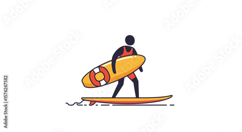 Surf lifesaving. Surfer with yellow surfboard preparing to ride waves at the beach  