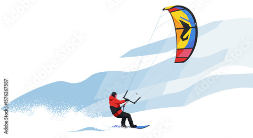  Snow kiting with colorful kite in dynamic motion  