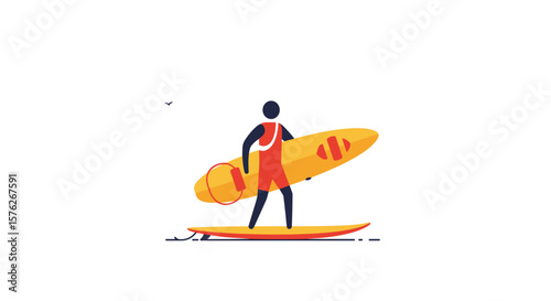 Surf lifesaving. Surfer carrying yellow surfboard on beach with playful stance  