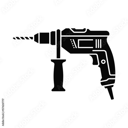 Black silhouette of a rotary hammer drill isolated on white background