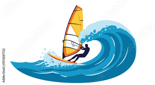 Windsurfer riding a wave with colorful sail in ocean scene. Windsurfing wave  