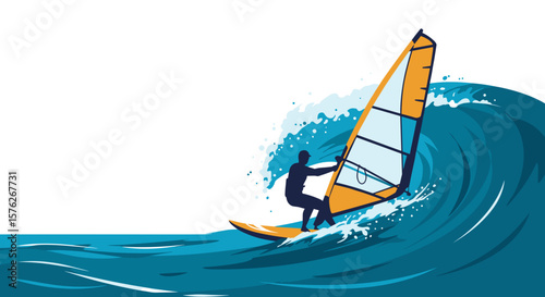 Windsurfing wave. Windsurfer riding a wave with vibrant ocean splash in summer  