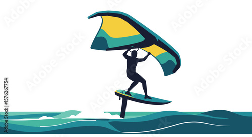 Wingfoil surfing. Surfer practicing wing foiling on ocean waves with colorful sail  