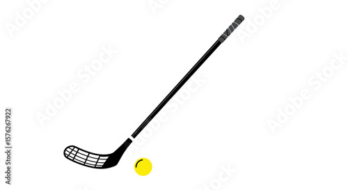 Floorball stick and yellow ball on white background  