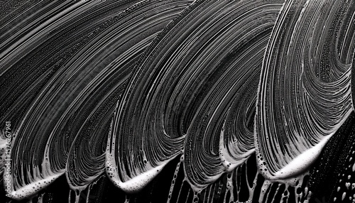 clear stripe wiped of soap foam on window glass black and white background texture