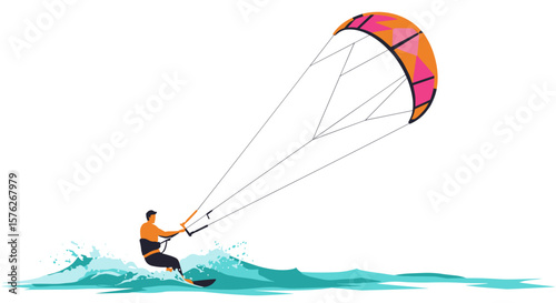 Kiteboarding. Man kite surfing on ocean waves with colorful kite in summer  