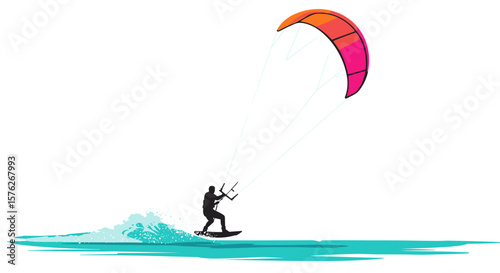 Kiteboarding. Kitesurfer riding waves with colorful kite against white background  
