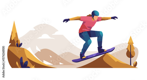 Snowboarder performing a jump on snowy mountain landscape. Mountainboarding  