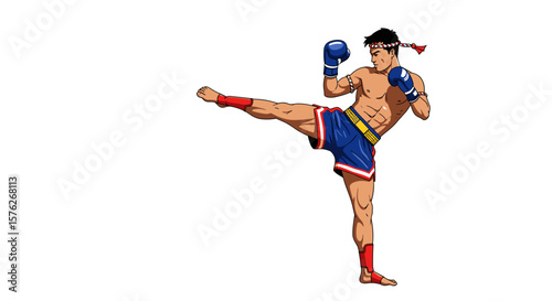 Muay Thai fighter. Cartoon fighter performing high kick in boxing gloves and shorts  