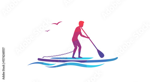 Paddleboarding. Male paddleboarder rowing on calm water with birds in the sky  