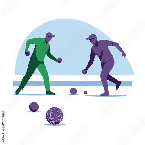 Two men playing petanque in a colorful outdoor setting  